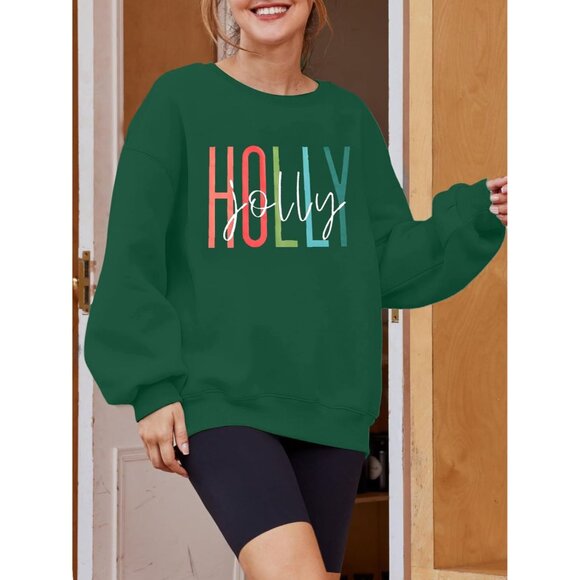 Women Christmas Sweater Cotton Long Sleeve Crewneck Holly Jolly Tree Top - Picture 5 of 5